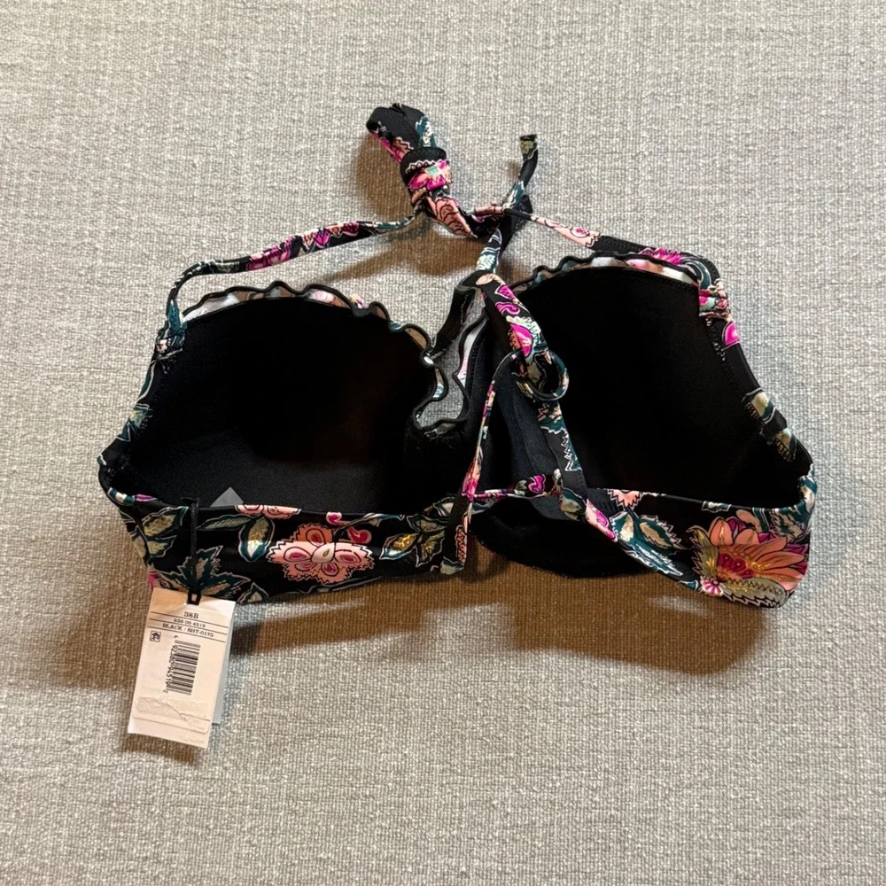 Shade & Shore Bikini Top 38B Black Floral Scalloped Halter Underwire Swim NWT‎